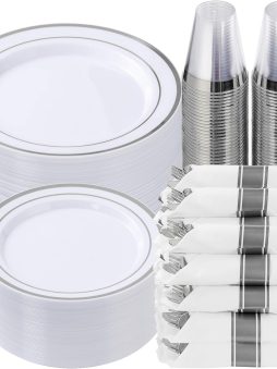Goodluck 350 Piece Silver Plastic Dinnerware Set for 50 Guests, Fancy Disposable Plates for Party, Include: 50 Dinner Plates, 50 Dessert Plates, 50 Pre Rolled Napkins with Silver Silverware, 50 Cups