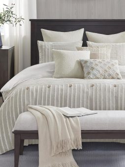 Madison Park King Comforter Set Clipped Jacquard Stripes with Buttons Boho Comforter for a King-Size Bed, Cotton Oversized Comforters with Removable Cover Boho Bedding, King Ivory 9 Piece